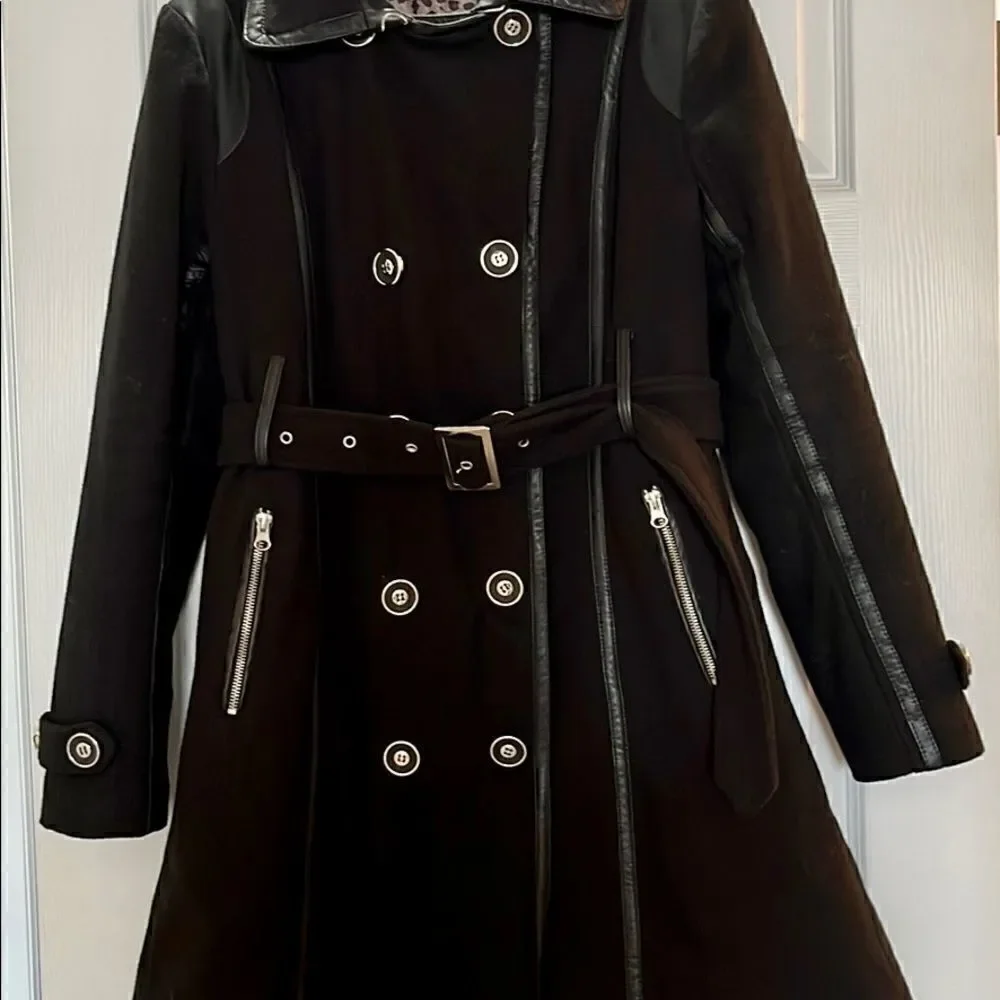 Excelled Collection Women’s Black and Silver Hardware Peacoat with Belt- Small